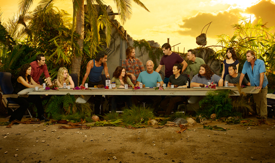 The LOST cast poses in the style of Leonardo da Vinci's painting The Last Supper, with Locke in the position of Jesus. From left to right: Ilana, Richard Alpert, Claire, Sayid, Kate, Sawyer, Locke, Jack, Jin, Ben, Hurley, Sun, Miles, and Frank Lapidus