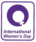 An International Women's Day icon. It's purple on a white background; rectangular with rounded corners. There's a purple circle with a tilted white female symbol inside, with 'International Women's Day' written underneath.