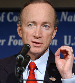 Former GOP Budget Director and current Indiana governor Mitch Daniels gestures while speaking at the U.S. Chamber of Commerce's "Outlook 2003: State of American Business" conference, Wednesday, Jan. 15, 2003 in Washington.  (AP Photo/Ian Wagreich, U.S. Chamber of Commerce)