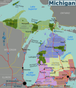 A map of Michigan. It is mit shaped and has different regions of the mit highlighted in different colors.