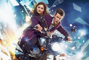 Eleven is driving a motorbike with Clara riding pillion - he looks intensely concerned, she looks excited