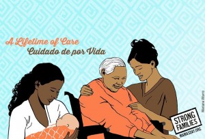 An illustration of three women of different generations and a baby sitting together. Text reads, "A lifetime of care. Cuidado de por vida."