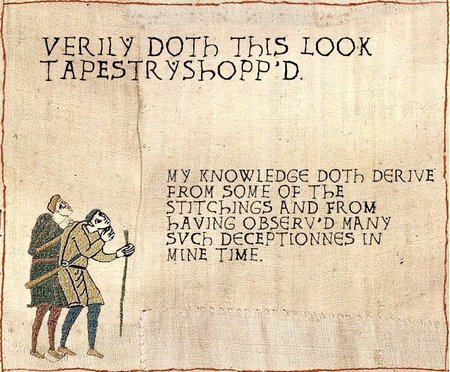 Some figures from the Bayeux tapestry with modified text