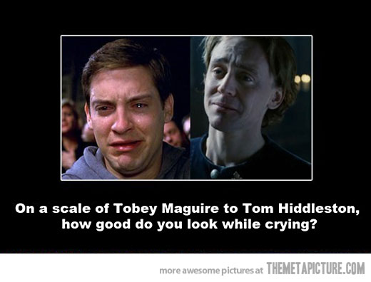 Two side by side screencaps (L) Tobey Maguire crying (R) Tom Hiddleston crying