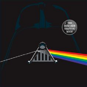 A beam of white light goes through a prism to break up into a rainbow spectrum of coloured rays. The prism is also the mouthpiece of Darth Vader's helmet. A circular badge reads "The Dark Side That's No Moon".