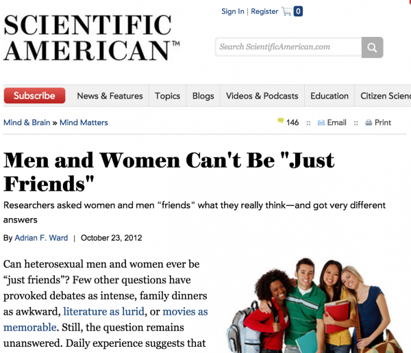Image: Scientific American, Headline reads "Men and Women Can't Be 'Just Friends'"