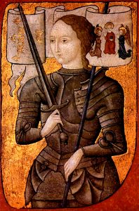 A painting of a fair-skinned woman in a suit of armour, hold a sword up in front of her