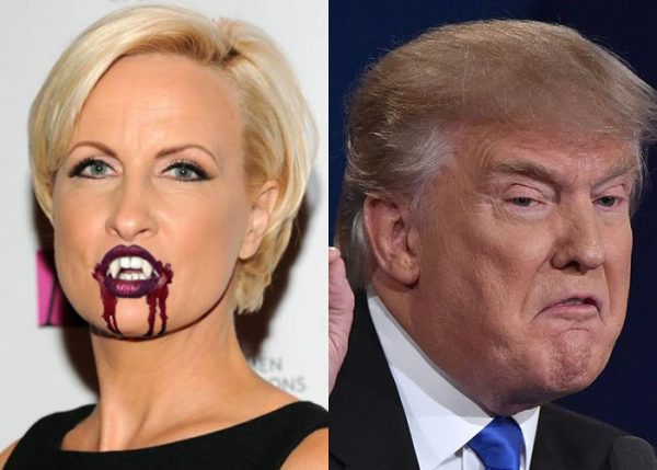 Side-by-side photos of Mika Brzezinski, Photoshopped to have vampire fangs and blood dripping from her mouth, and Donald Trump looking grumpy and petulant