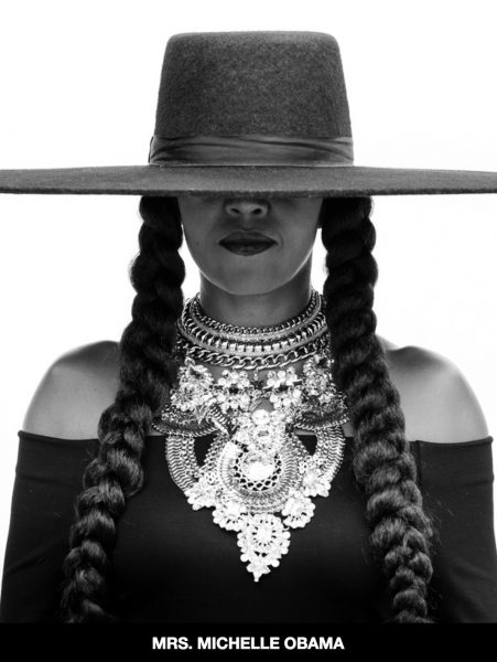 A black-and-white photo of Michelle Obama dressed in Beyonce's iconic black hat from the "Formation" video