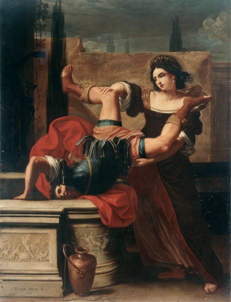 Painting of Timoclea of Thebes pushing a Thracian captain into a well - Elisabetta Sirani, 1959