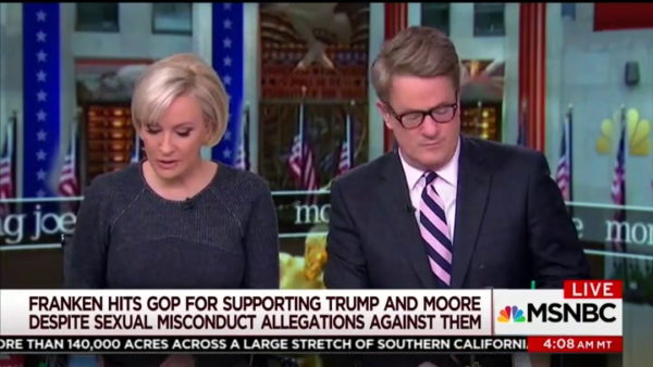 A screenshot from "Morning Joe" with Mika Brzezinski and Joe Scarborough, with chyron "Franken hits GOP for supporting Trump and Moore despite sexual misconduct allegations against them"