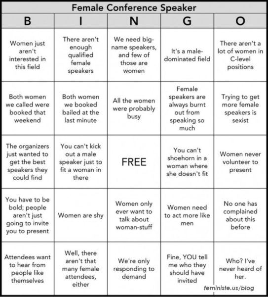 Female Conference Speaker Bingo: a bingo card full of excuses for not having more female speakers at STEM conferences