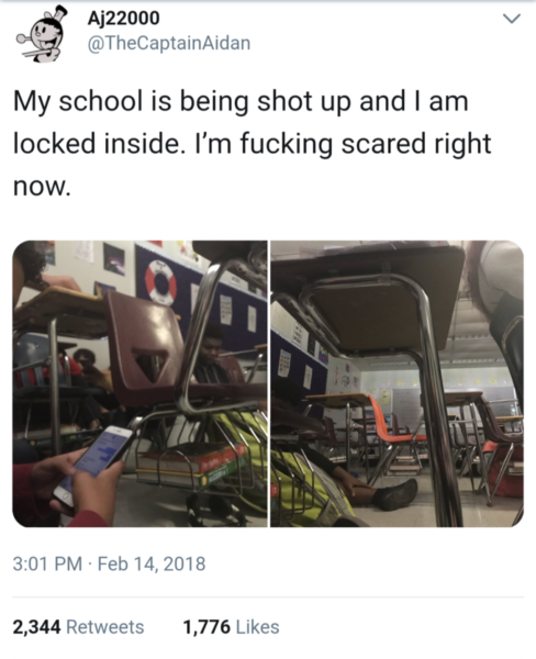 Screenshot of a tweet from a student in Parkland, Florida, as he takes shelter in a classroom while a former student shoots up the high school. The tweet includes photos from inside the classroom, and the text reads, "My school is being shot up and I am locked inside. I'm fucking scared right now."
